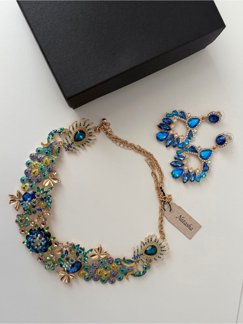 Natasha Couture Gold-Tone Peacock Crystal Necklace & Earrings in Blue and Green